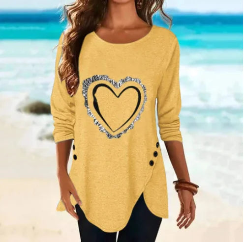 Irregular Long-Sleeved Button T-Shirt with Love Print